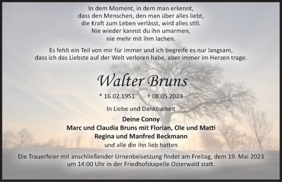Traueranzeige von Walter Bruns von Deister- und Weserzeitung
