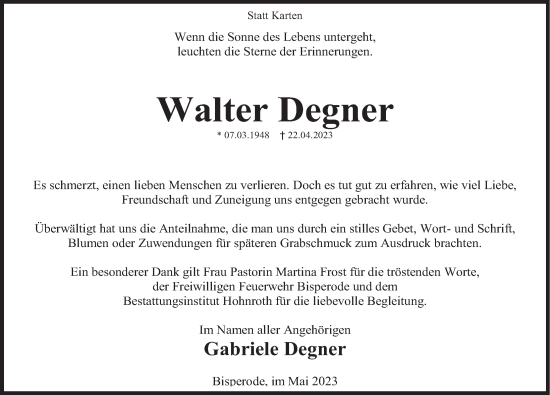 Traueranzeige von Walter Degner von Deister- und Weserzeitung