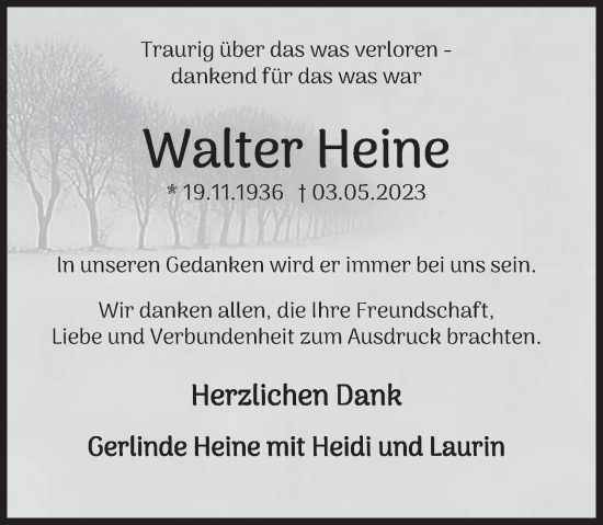 Traueranzeige von Walter Heine von Deister- und Weserzeitung