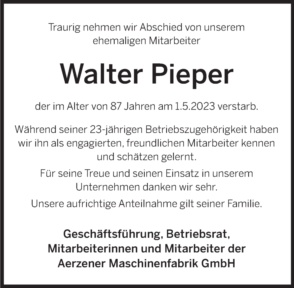  Traueranzeige für Walter Pieper vom 12.05.2023 aus Deister- und Weserzeitung