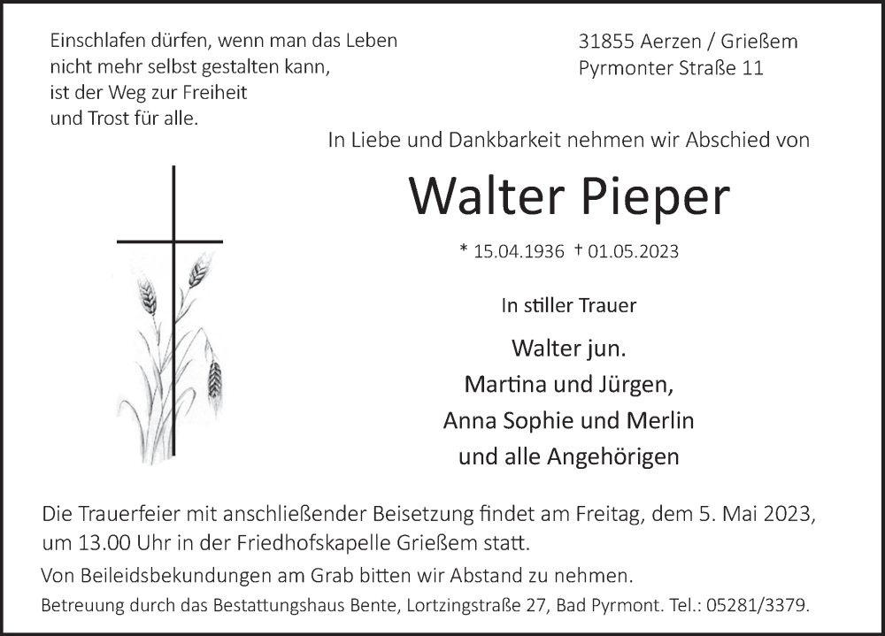  Traueranzeige für Walter Pieper vom 03.05.2023 aus Deister- und Weserzeitung