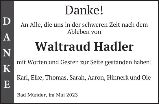 Traueranzeige von Waltraud Hadler von Neue Deister-Zeitung