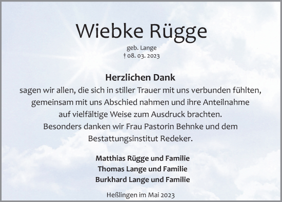 Traueranzeige von Wiebke Rügge von Deister- und Weserzeitung