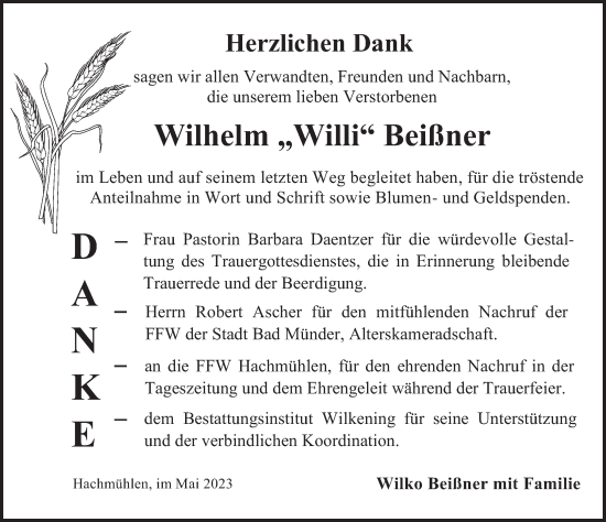 Traueranzeige von Wilhelm  Beißner von Neue Deister-Zeitung