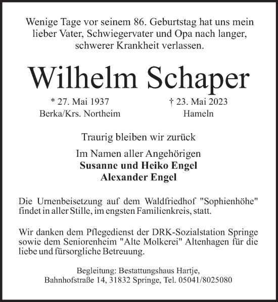 Traueranzeige von Wilhelm Schaper von Neue Deister-Zeitung