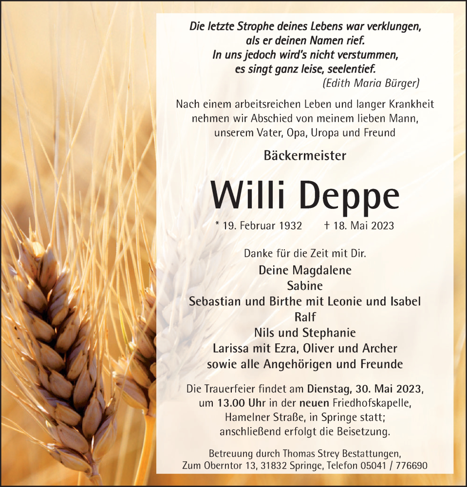  Traueranzeige für Willi Deppe vom 27.05.2023 aus Neue Deister-Zeitung