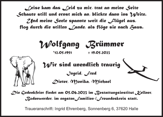 Traueranzeige von Wolfgang Brümmer von Deister- und Weserzeitung