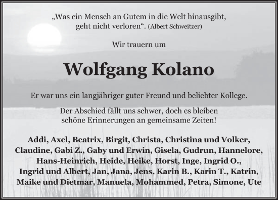 Traueranzeige von Wolfgang Kolano von Deister- und Weserzeitung