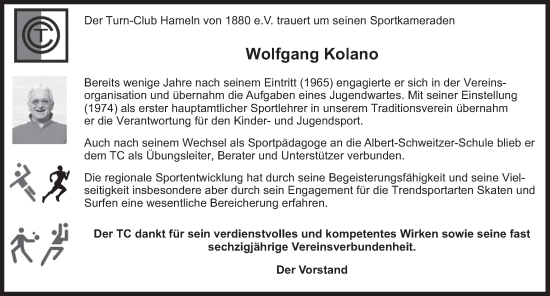 Traueranzeige von Wolfgang Kolano von Deister- und Weserzeitung