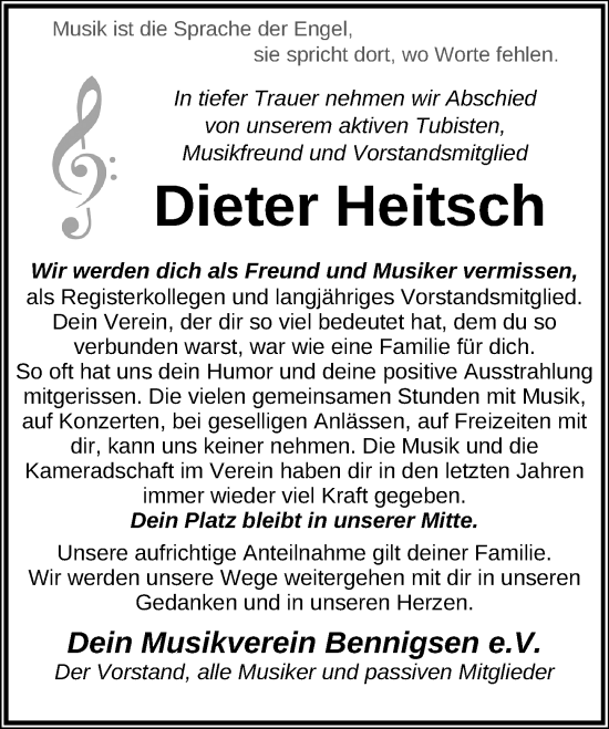 Traueranzeige von Dieter Heitsch von Neue Deister-Zeitung