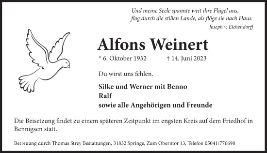 Traueranzeige von Alfons Weinert von Neue Deister-Zeitung