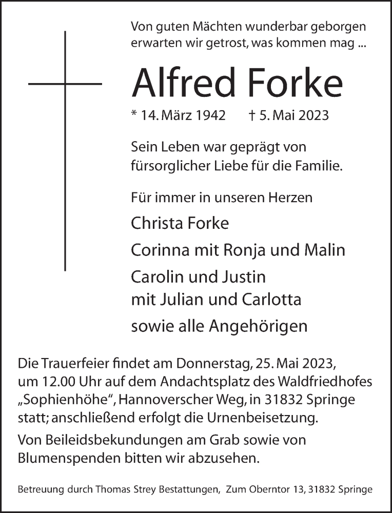  Traueranzeige für Alfred Forke vom 20.05.2023 aus Neue Deister-Zeitung