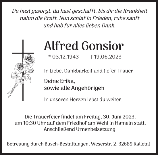 Traueranzeige von Alfred Gonsior von Deister- und Weserzeitung