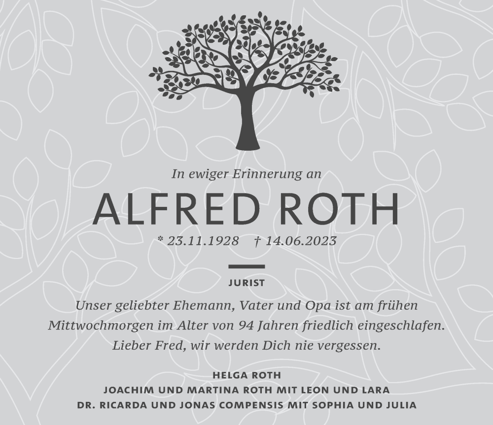  Traueranzeige für Alfred Roth vom 24.06.2023 aus Deister- und Weserzeitung
