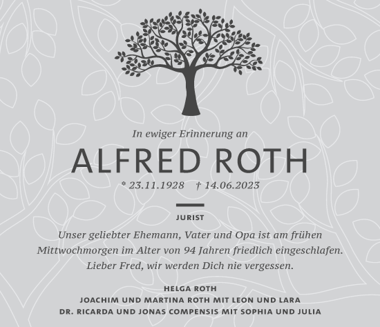 Traueranzeige von Alfred Roth von Deister- und Weserzeitung