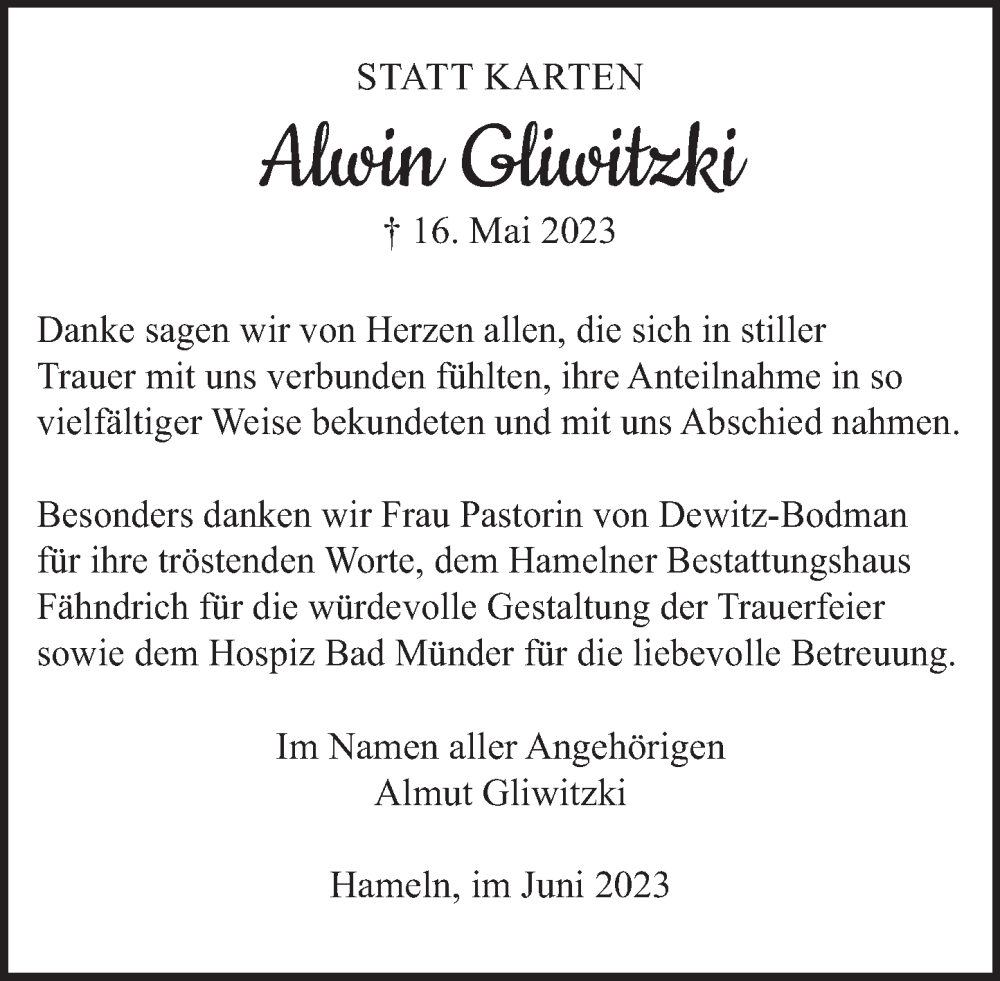  Traueranzeige für Alwin Gliwitzki vom 17.06.2023 aus Deister- und Weserzeitung
