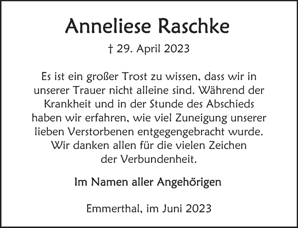  Traueranzeige für Anneliese Raschke vom 14.06.2023 aus Deister- und Weserzeitung