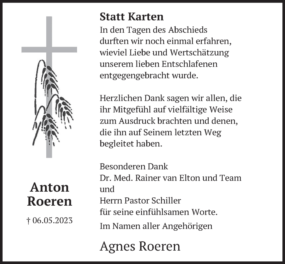 Traueranzeige für Anton Roeren vom 24.06.2023 aus Deister- und Weserzeitung