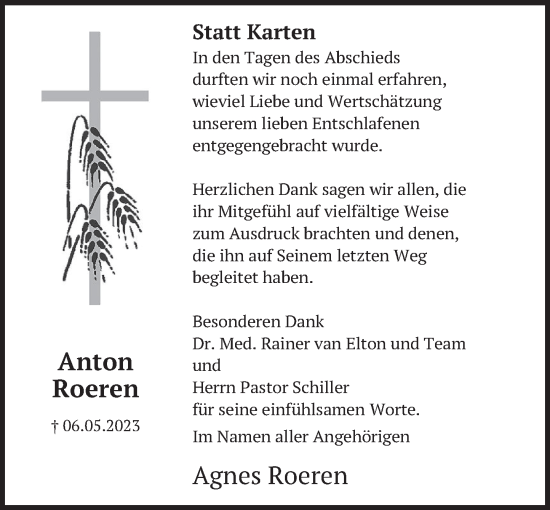 Traueranzeige von Anton Roeren von Deister- und Weserzeitung