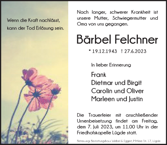 Traueranzeige von Bärbel Felchner von Deister- und Weserzeitung