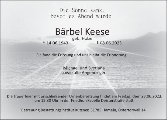 Traueranzeige von Bärbel Keese von Deister- und Weserzeitung