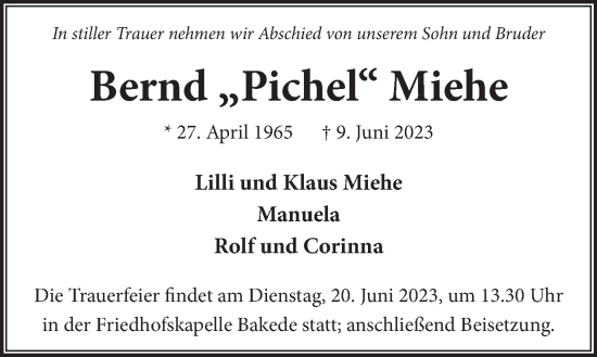 Traueranzeige von Bernd Miehe von Neue Deister-Zeitung