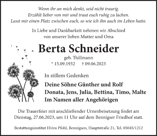 Traueranzeige von Berta Schneider von Neue Deister-Zeitung