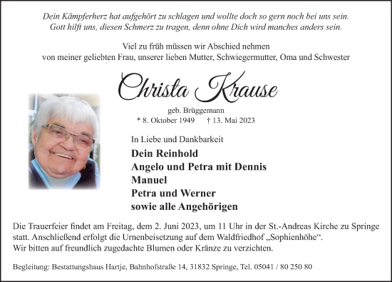 Traueranzeige von Christa Krause von Neue Deister-Zeitung