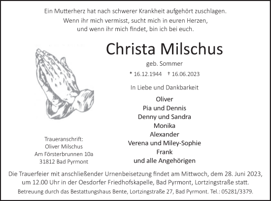 Traueranzeige von Christa Milschus von Deister- und Weserzeitung