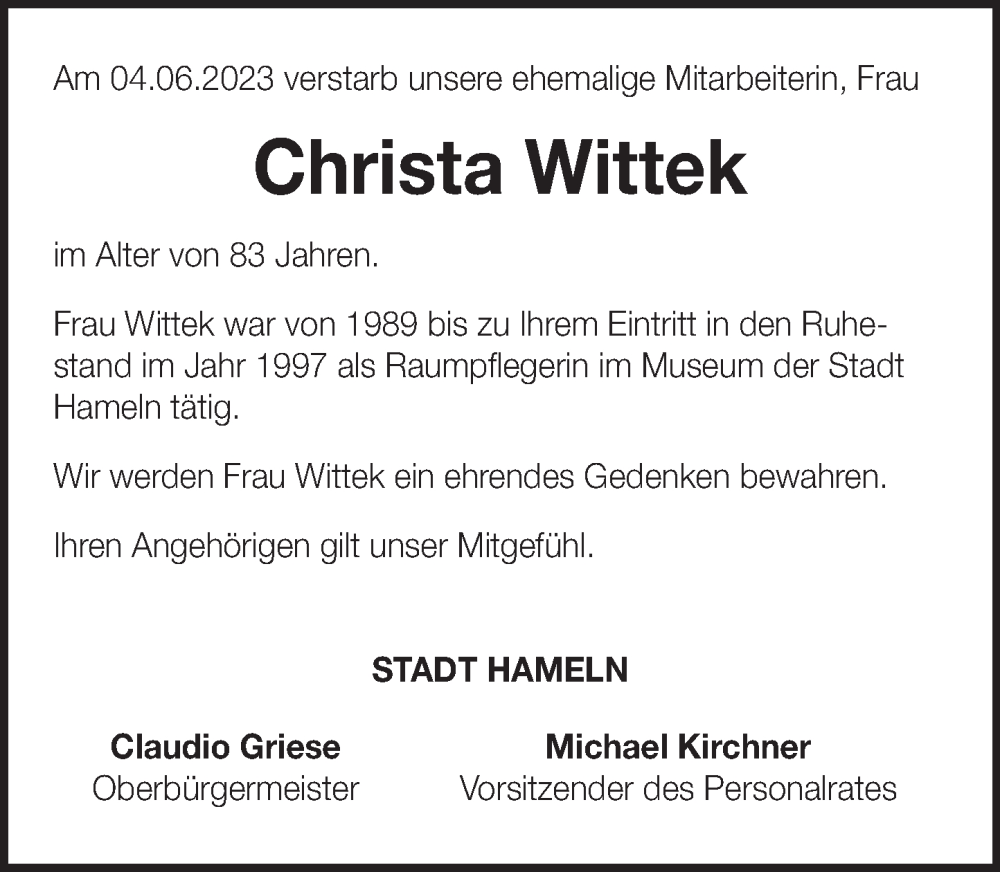  Traueranzeige für Christa Wittek vom 08.06.2023 aus Deister- und Weserzeitung