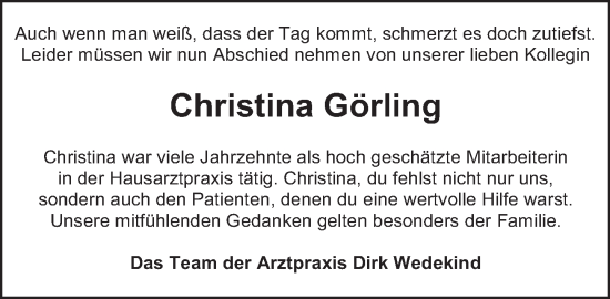 Traueranzeige von Christina Görling von Neue Deister-Zeitung
