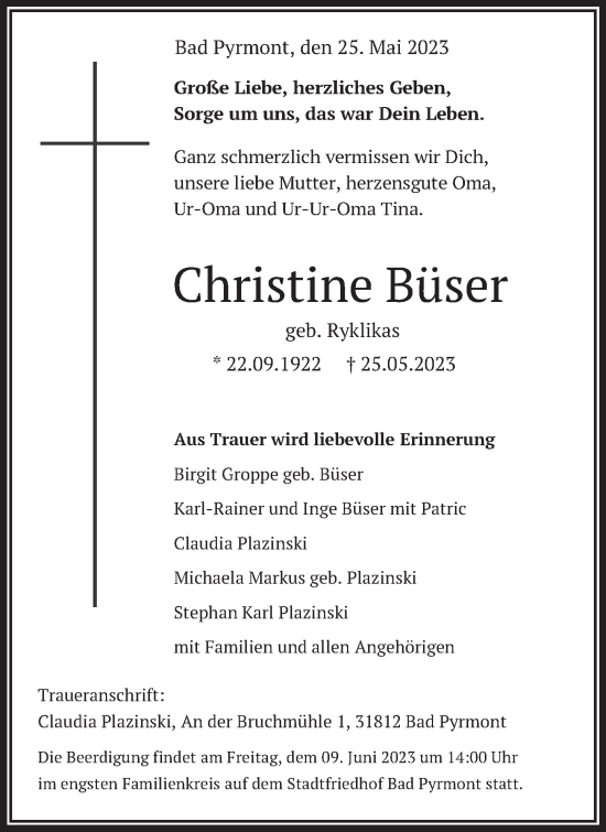 Traueranzeige von Christine Büser von Deister- und Weserzeitung