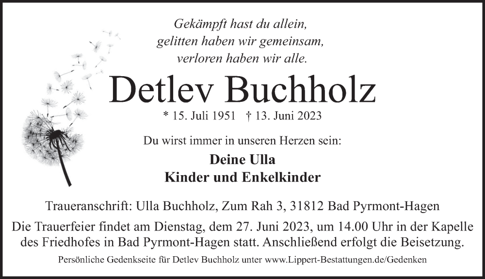  Traueranzeige für Detlev Buchholz vom 17.06.2023 aus Deister- und Weserzeitung