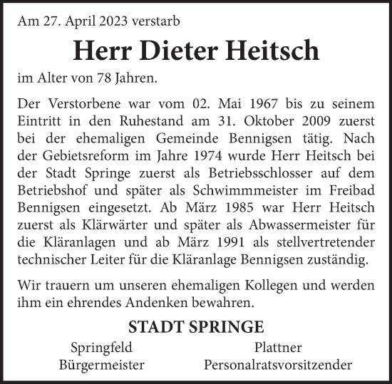 Traueranzeige von Dieter Heitsch von Neue Deister-Zeitung