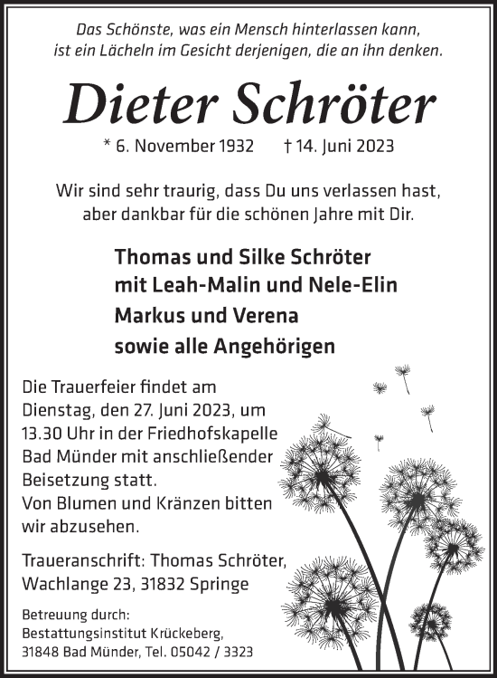 Traueranzeige von Dieter Schröter von Neue Deister-Zeitung