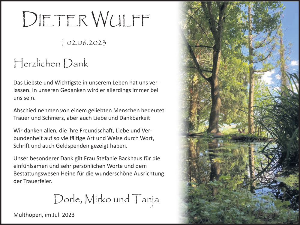  Traueranzeige für Dieter Wulff vom 01.07.2023 aus Deister- und Weserzeitung