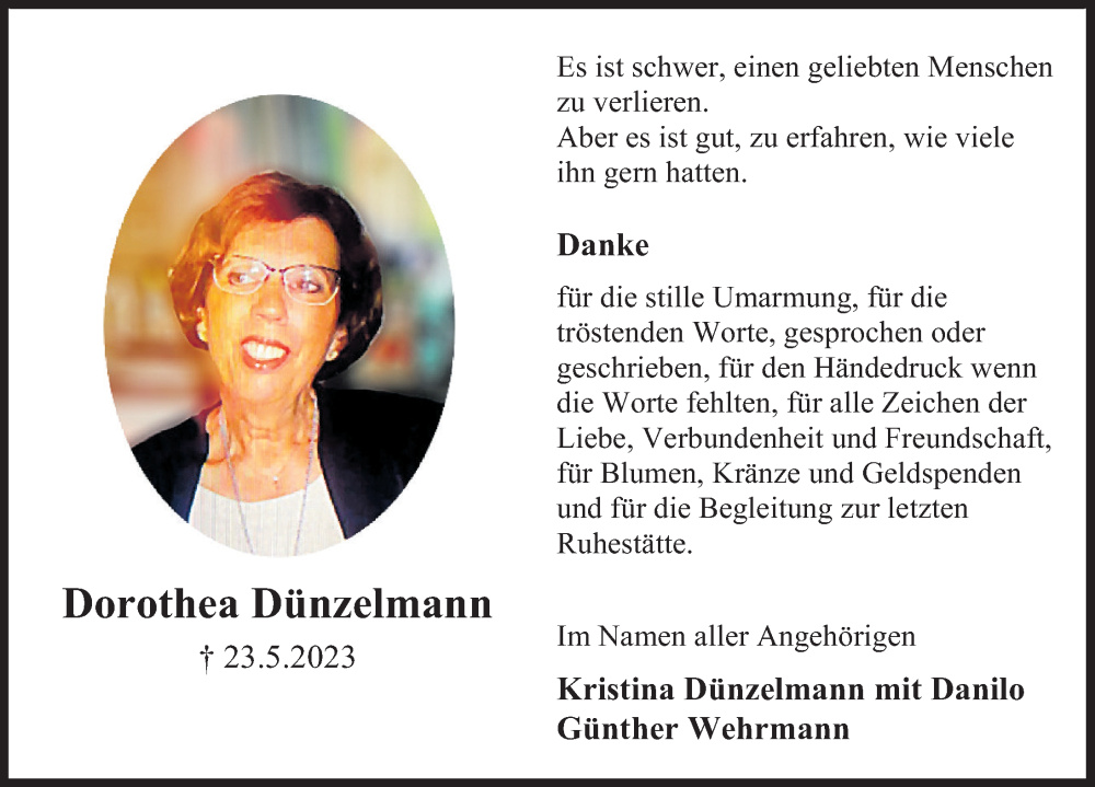  Traueranzeige für Dorothea Dünzelmann vom 24.06.2023 aus Deister- und Weserzeitung