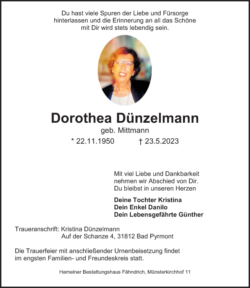  Traueranzeige für Dorothea Dünzelmann vom 03.06.2023 aus Deister- und Weserzeitung