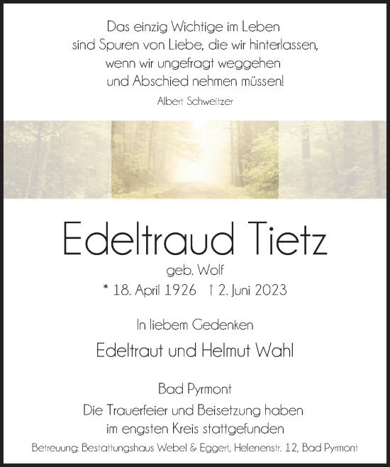 Traueranzeige von Edeltraud Tietz von Deister- und Weserzeitung