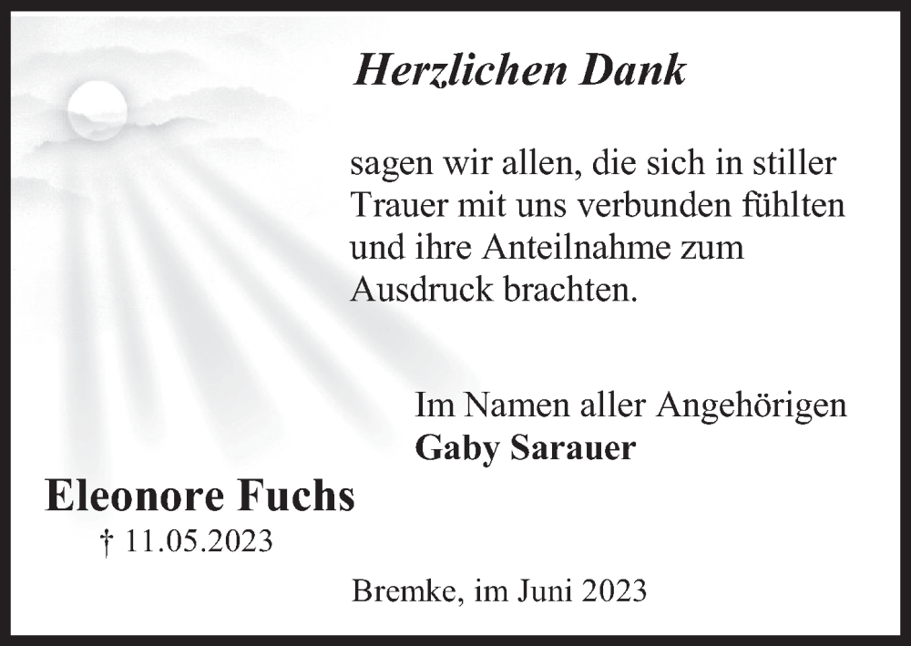  Traueranzeige für Eleonore Fuchs vom 05.06.2023 aus Deister- und Weserzeitung