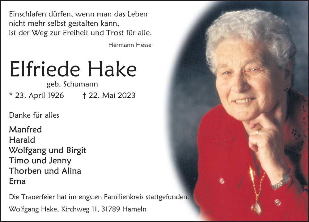  Traueranzeige für Elfriede Hake vom 14.06.2023 aus Deister- und Weserzeitung
