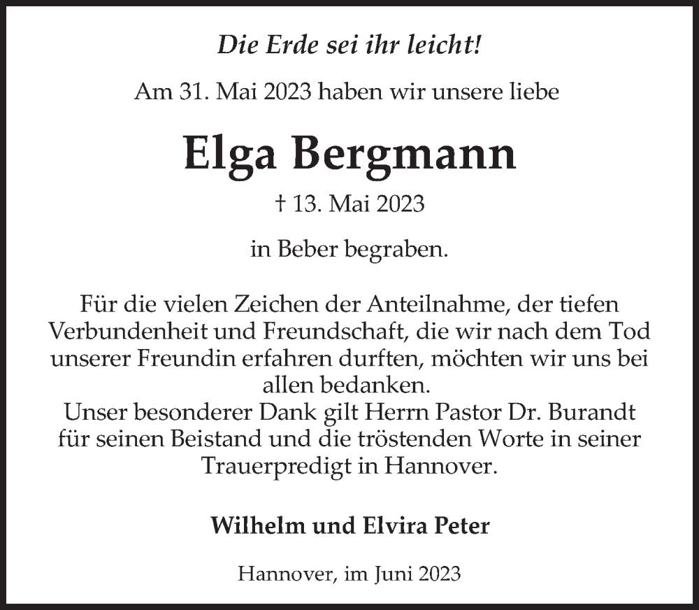  Traueranzeige für Elga Bergmann vom 10.06.2023 aus Neue Deister-Zeitung
