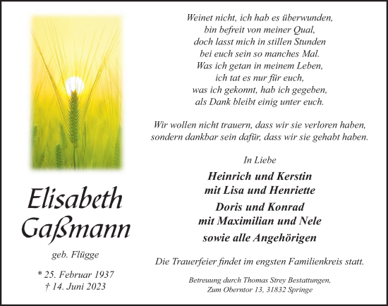 Traueranzeige von Elisabeth Gaßmann von Neue Deister-Zeitung