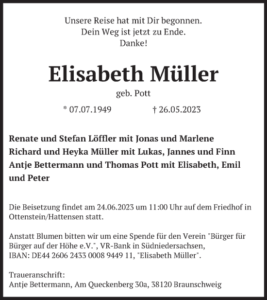 Traueranzeige von Elisabeth Müller von Deister- und Weserzeitung