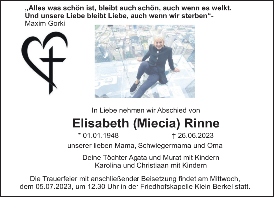 Traueranzeige von Elisabeth Rinne von Deister- und Weserzeitung