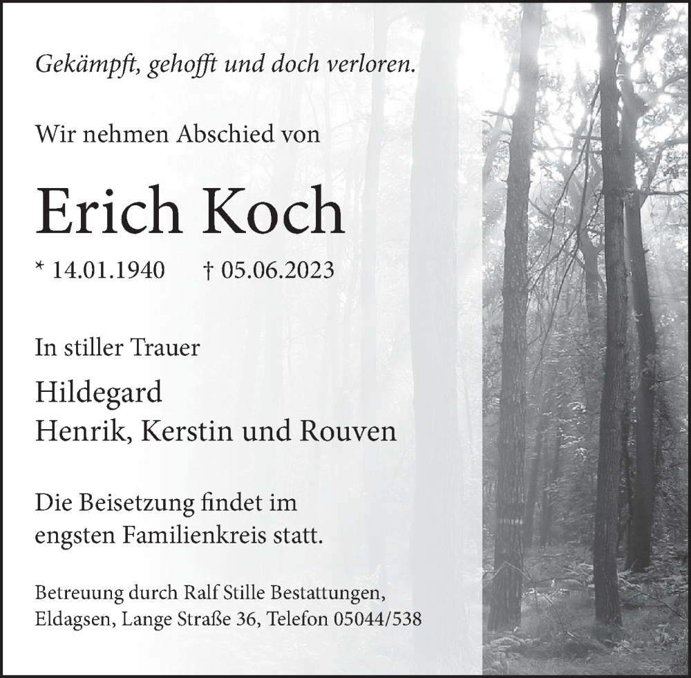  Traueranzeige für Erich Koch vom 10.06.2023 aus Neue Deister-Zeitung