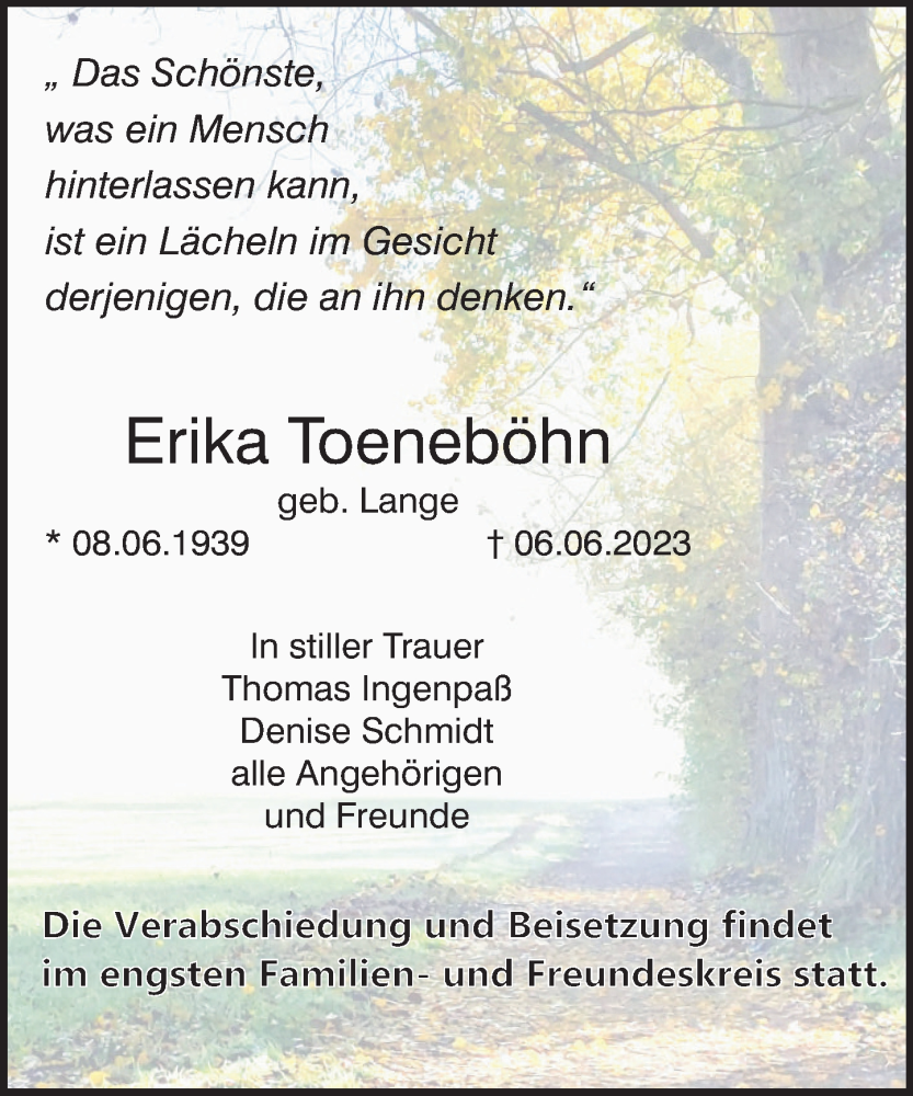  Traueranzeige für Erika Toeneböhn vom 10.06.2023 aus Deister- und Weserzeitung
