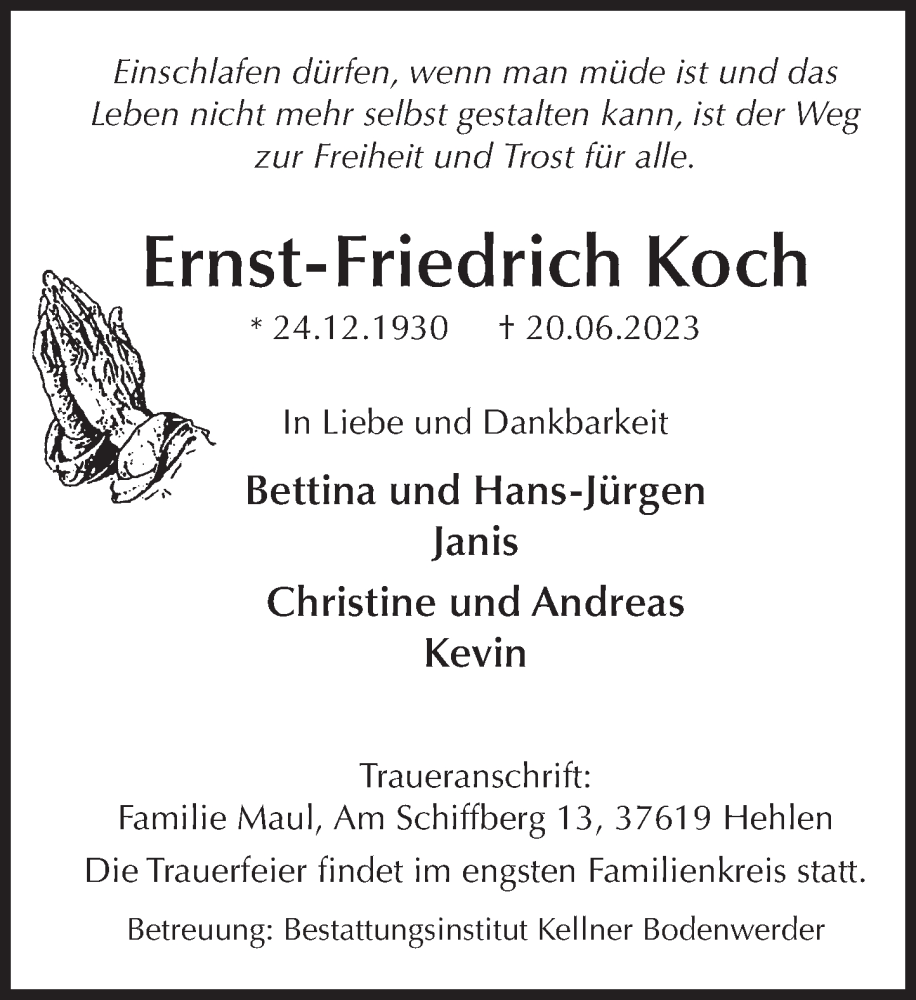  Traueranzeige für Ernst-Friedrich Koch vom 01.07.2023 aus Deister- und Weserzeitung