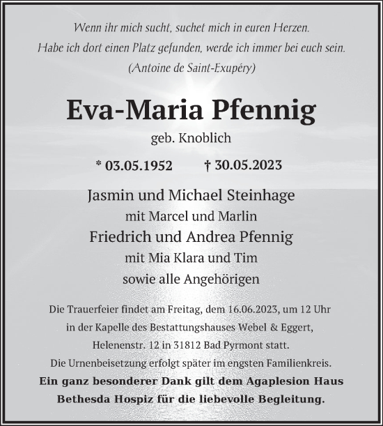 Traueranzeige von Eva-Maria Pfennig von Deister- und Weserzeitung