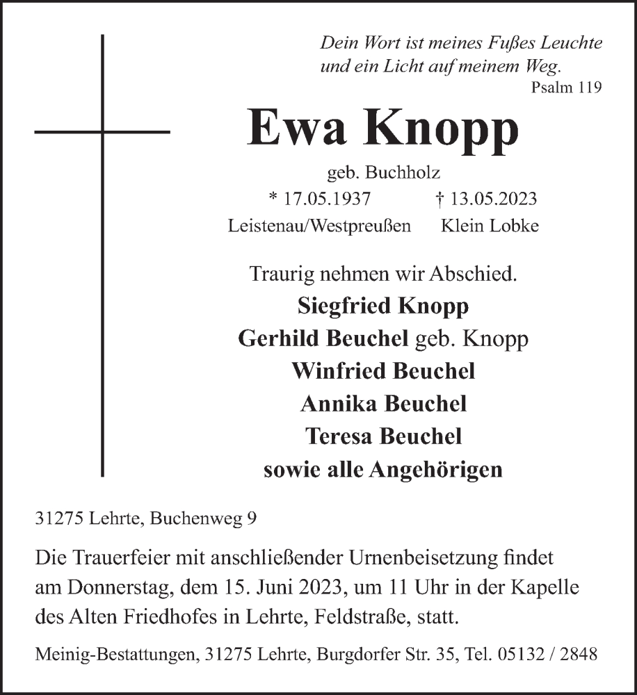  Traueranzeige für Ewa Knopp vom 10.06.2023 aus Neue Deister-Zeitung